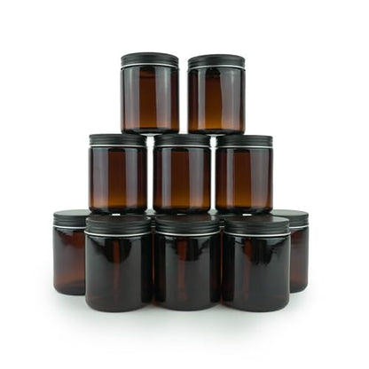 Glass Amber 8oz Jar - 12 Packs, Lead-Free Empty Round Jars For Beauty Products, Lotion, and Powders - Black Lid - Small Candle Jars - size: 8oz