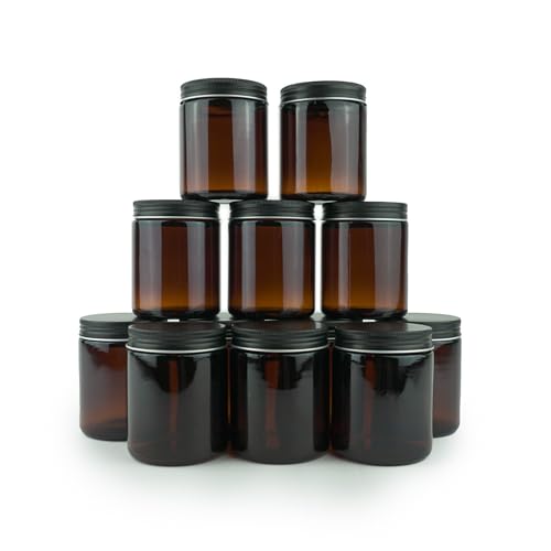 Glass Amber 8oz Jar - 12 Packs, Lead-Free Empty Round Jars For Beauty Products, Lotion, and Powders - Black Lid - Small Candle Jars - size: 8oz