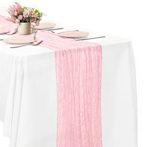 Pink Cheesecloth Table Runner -21*120Inch Long Boho Wedding Table Decor, Rustic Gauze Fabric Runner for Bridal Showers, Baby Showers & Parties (Sheer, Lightweight, Wrinkled Design) - color: Pink, size: 120*21-1pack