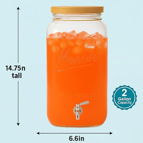 Kitchentoolz 2 Gallon Glass Beverage Dispenser with Wooden Lid – Large Square Mason Jar Drink Container with Stainless Steel Spigot – Big Batch Iced Tea, Lemonade, Water, or Party Drinks