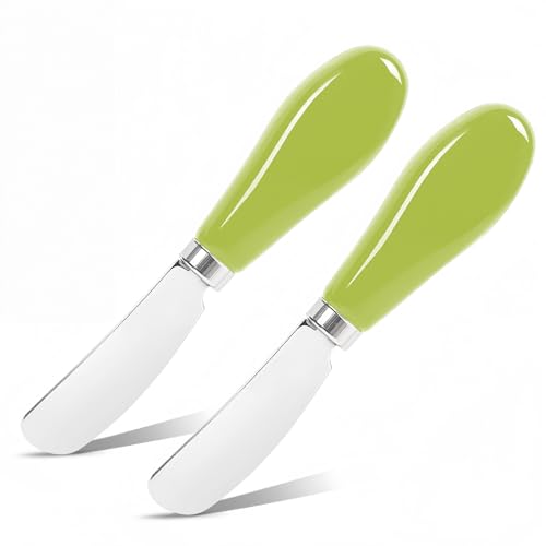 Butter Spreader Knife Set, 2-Pack Stainless Steel Cheese and Butter Knives with Ceramic Handle, Dishwasher Safe, for Soft & Hard Cheese, Jam, Cold Butter (light green) - color: light green
