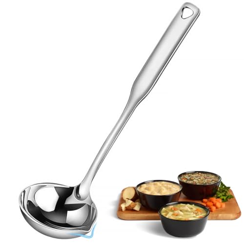 KAYCROWN Stainless Steel Ladle, Soup Ladle with Pour Spout, 11.8 Inches, Cooking Ladle for Serving Soups, Gravy and More, Integral Forming, Rustproof, Heat Resistance (1Pc)