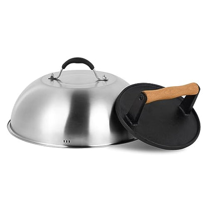SHINESTAR Cast Iron Burger Press with 12-Inch Melting Dome for Blackstone Griddle, Smash Burger Press & Basting Cover Set, Flat Top Grill Accessories for Bacon, Cheese Melting, Indoor Outdoor Cooking - size: Round