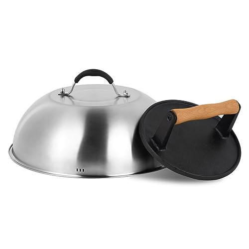 SHINESTAR Cast Iron Burger Press with 12-Inch Melting Dome for Blackstone Griddle, Smash Burger Press & Basting Cover Set, Flat Top Grill Accessories for Bacon, Cheese Melting, Indoor Outdoor Cooking - size: Round
