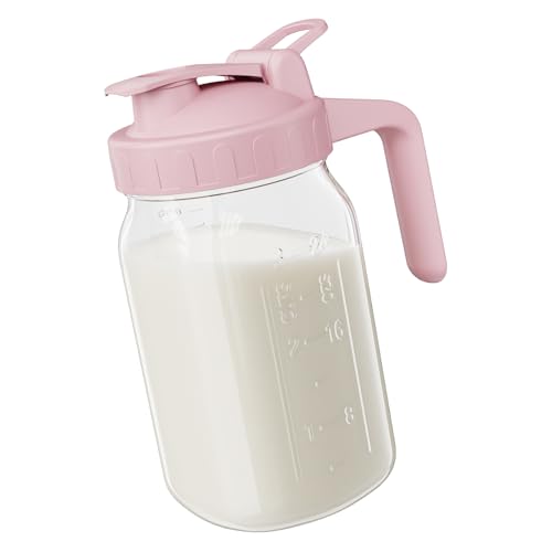 Breast Milk Pitcher - 32 oz Glass Mason Jar with Dual Leak-Proof Design, Airtight Seal, Pour Spout & Handle, Storage Container for Breastmilk, Iced Tea & Ice Drinks（Pink） - color: Pink, size: 32 Ounces
