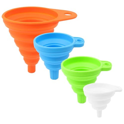 KUFUNG Kitchen Funnel Set 4 Pack - Food Grade Silicone Funnels for Kitchen Use, Filling Bottles - Small Funnel, Space-Saving Design - Easy to Clean and Store