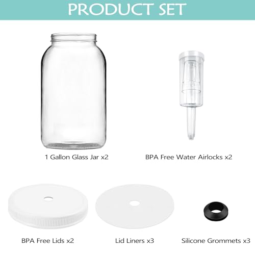 Artcome 2 Pack 1 Gallon Fermentation Jars with Airlocks & Lids - Transform Gallon Jar Into a Fermenter - Perfect for Pickles, Hard Kombucha, Beer, Wine, Cider - Gallon Lid with Econolock Airlock