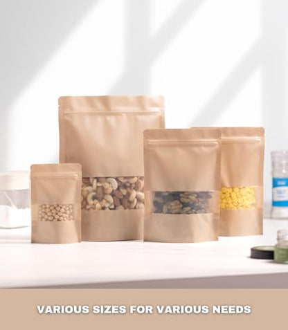 24/7 Bags- 100 Pack, Kraft Paper Stand Up Pouch Bag- 7.8" x 10", Resealable Zip-Lock with Front Window, Zero BPA, Easy Tear Notch, Self Stand Up, Food Grade Interior Coating - size: 7.8"x10"- 100 Count