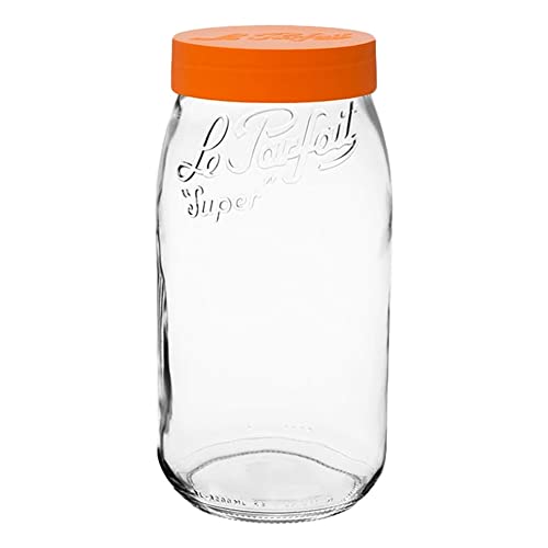 Le Parfait Eco-Friendly Zero Waste Wide Mouth Glass Jar with Airtight Screw Top Lid - Reusable French Storage Jar for Food, Soup, Flour, Sugar, Canning & Baking (3L/96oz, 1 Pack, Orange) - color: 3L-Orange (Single)