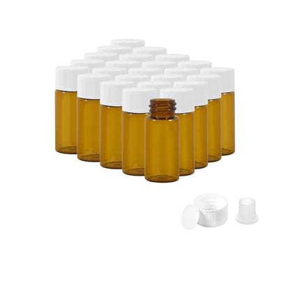 25PCS 4ml Amber Glass Vials with White Screw Caps and Plastic Stoppers, 1 Dram Leak-Proof Small Liquid Sample Bottles for Essential Oils, Perfumes, Reagents - color: AMBER, size: 4ml