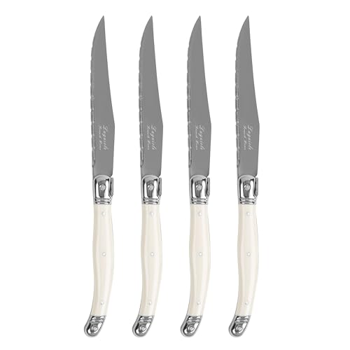 French Home Laguiole Connoisseur 4-Piece Steak Knife Set – Stainless Steel with Ivory-Colored Handles, Etched Detailing & Napoleon Bee Emblem – Serrated Knives for Smooth Cutting (9.25") - color: Ivory