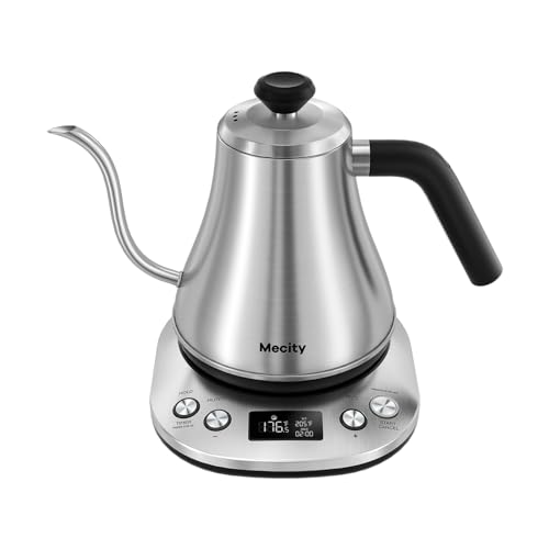 Mecity Electric Gooseneck Kettle With LCD Display Automatic Shut Off Retro Coffee Kettle Temperature Control Hot Water Boiler to Pour Over Tea, 1200 Watt Quick Heating Tea Pot, 0.8L, Stainless Steel - color: Stainless Steel