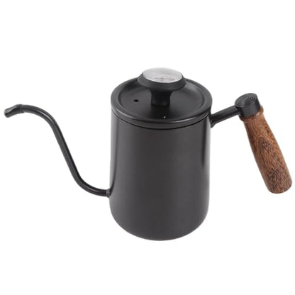 Pour Over Kettle with Thermometer, 304 Stainless Steel Drip Kettle 600ML, Long Spout Precise Control Wood Handle, for Home Coffee Tea Brewing Barista Use (Black) - color: Black