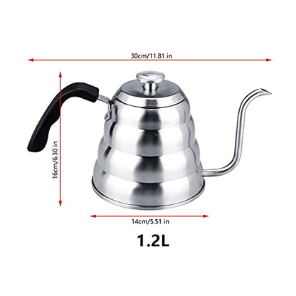 Pour over Coffee Kettle, Gooseneck Kettle, 304 Stainless Steel Coffee Gooseneck Kettle with Thermometer Easy Pour Teapot for Home Brewing(1.2L-White)