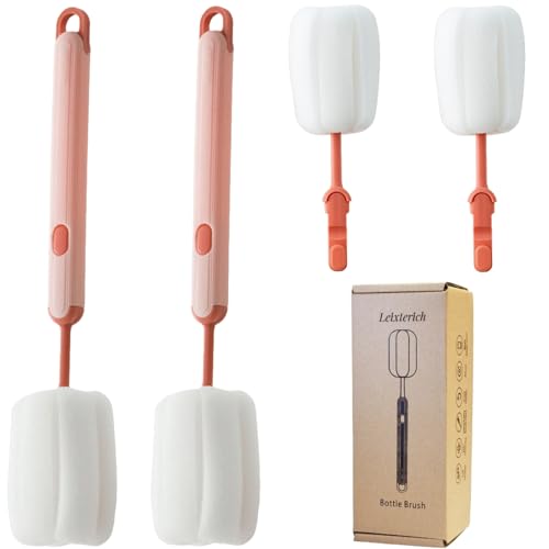 Bottle Brush Long Handle Cup Cleaner Brush Sponge Bottle Scrubber Detachable Handle Portable Sponge Cleaning Brush for Cups Wine Glasses Water Bottles Baby Bottles and Vacuum Flasks (Pink) - color: Pink