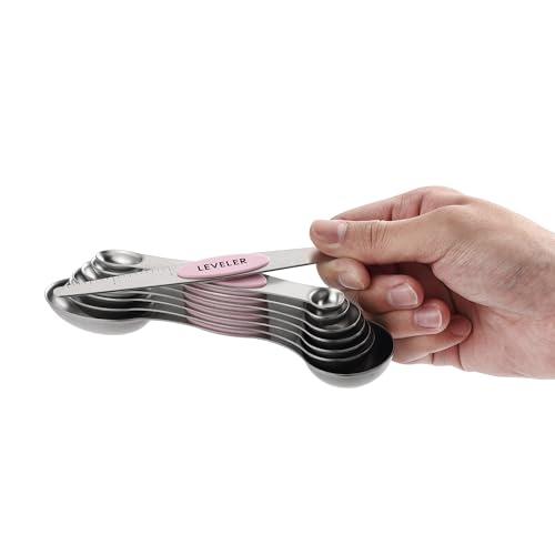 Spring Chef Stainless Steel Magnetic Measuring Spoons Set of 8 with Leveler, Dual Sided Teaspoon & Tablespoon Measuring Spoons with Strong Magnets, Kitchen Gadgets for Baking & Cooking - Pink Lemonade - color: Pink Lemonade, size: 1-Pack