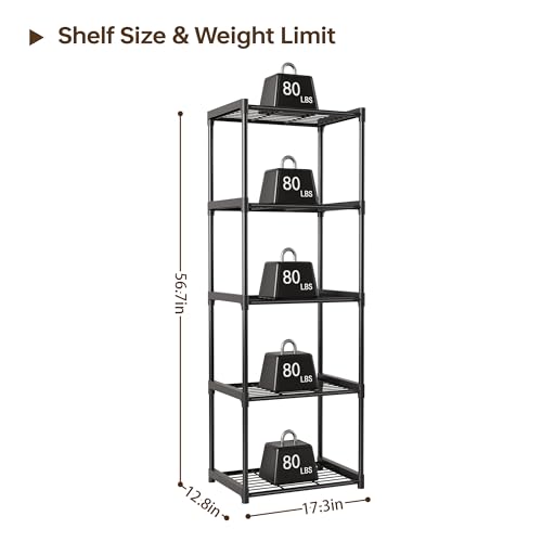 5-Tier Storage Shelves with Plastic Connectors – Metal Shelf Organizer for Pantry, Closet & Bathroom, Space-Saving Sturdy Shelving Unit Rack, Black, 17.3" x 12.8" x 56.7" - size: 17.3" x 12.8" x 56.7"(5T)
