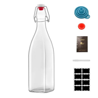 1Pc 25oz Square Swing Top Glass Bottles, 750ML Bottles with Airtight Stoppers for Kombucha, Kefir, Vanilla Extract, Beer(Bonus Gaskets, Labels and Funnel)