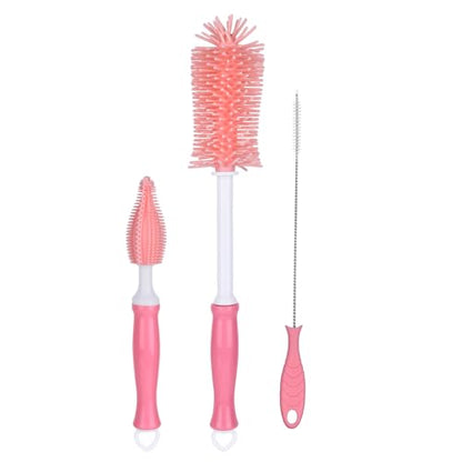 3 in 1 Silicone Bottle Brush Set, Baby Bottle Cleaning Kit with Nipple Brush & Straw Cleaner, BPA-Free Food-Grade Dishwasher Safe Travel Bottle Brush for Baby Bottles, Sippy Cups - color: Pink