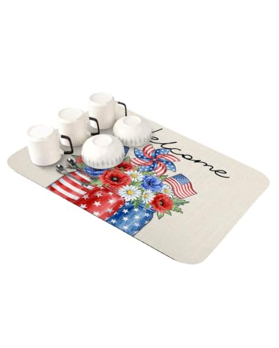 250 Anniversary Dish Drying Mat for Kitchen Counter, Absorbent Quick Dry Coffee Bar Mat Pad Thin Diatomaceous Sink Mats, American Flag Windmill Daisy Florals Beige Non Slip Dish Drainer Mats 16''x24'' - size: 24" x 16"