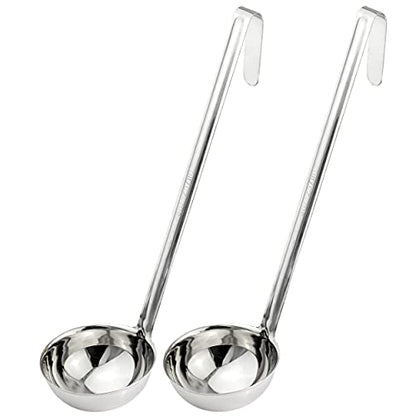 Fit Meal Prep [2 Pack] Stainless Steel Soup Ladle - One-Piece Sauce Spatula w/Hook Handles, Commercial Grade Serving Spoon, Kitchen Tool for Restaurant or Home Cooking, Mirror Finish, 14.25" Long - size: 8 oz