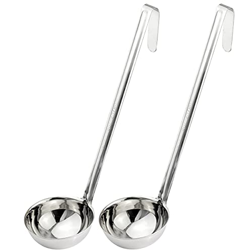 Fit Meal Prep [2 Pack] Stainless Steel Soup Ladle - One-Piece Sauce Spatula w/Hook Handles, Commercial Grade Serving Spoon, Kitchen Tool for Restaurant or Home Cooking, Mirror Finish, 14.25" Long - size: 8 oz
