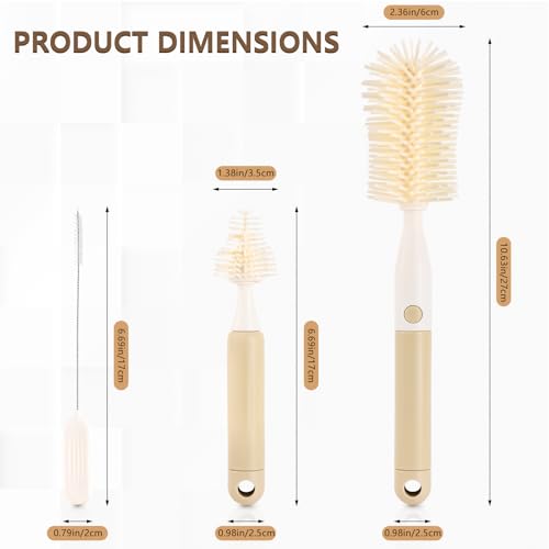 3-Pack Silicone Baby Bottle Brush, Bottle Cleaner, with Convenient Hang Up, Food Grade Silicone, Effortless Scrubbing Cleaning Brushes for Long Narrow, Sports, Baby Bottles (Latte)