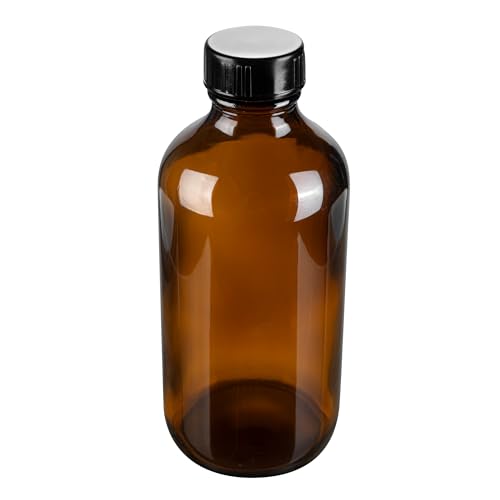 Restaurantware Vetri 8 Ounce Boston Glass Bottles, 12 Sample Bottles With Black Phenolic Caps - Dishwashable, Round, Amber Glass Bottle, For Potion, Juice, Ginger Shots, Whiskey, Liquids - color: Amber, size: 8 oz