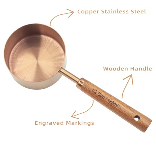 Measuring Cups and Spoons Set of 8, Stainless Steel Measuring Cup with Wooden Handle, Kitchen/Food/Liquid/Baking (Copper) - color: Copper