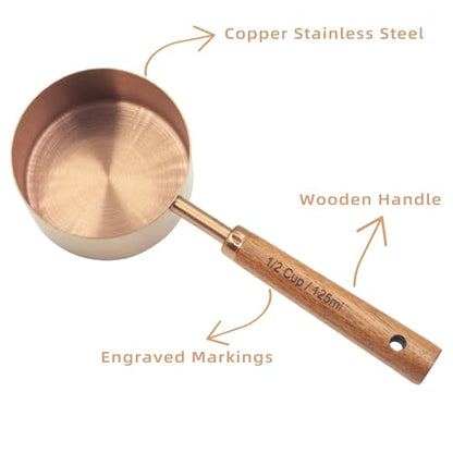 Measuring Cups and Spoons Set of 8, Stainless Steel Measuring Cup with Wooden Handle, Kitchen/Food/Liquid/Baking (Copper) - color: Copper