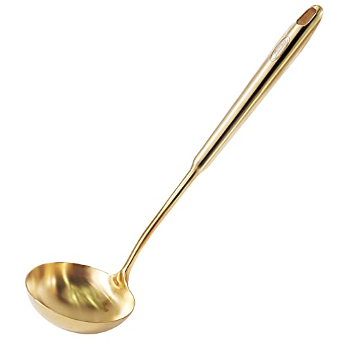 Newness Soup Ladle, [Rustproof, Heat Resistance, Integral Forming] Durable 304 Stainless Steel Soup Spoon with Vacuum Ergonomic Round Handle, Cooking Spoon for Kitchen, 13.7 Inches, Gold - color: Gold