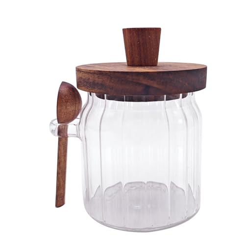 Coriario 13 OZ Glass Jar with Lid and Spoon Airtight Glass Candy Jars Wide Mouth Ribbed Glass Coffee Storage Canister Wooden Handle Lids for Food Sugar Cookie Tea Decorative - color: Ribbed clear-13oz