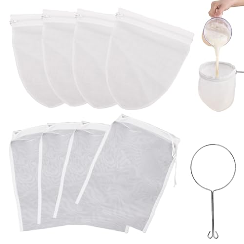 9 Pcs Fine Mesh Strainer Bags with Stainless Steel Handle, Reusable Nut Milk Bag Cheesecloth Filter Bag for Straining Cheese Fruit Juice Coffee Yogurt Tea (Small)