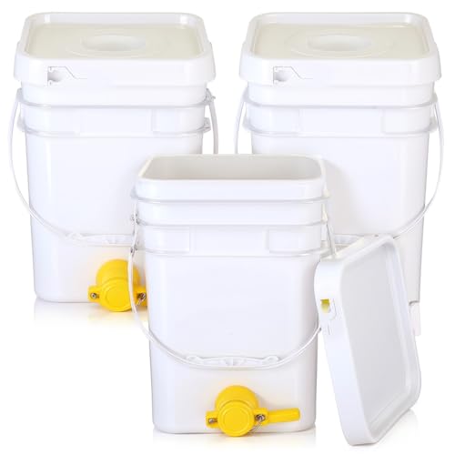 Baderke 3 Pack Plastic Honey Bucket with Gate 5 Gallon Bucket with Spigot Yellow Extractor Equipment Square Honey Bottles Beekeeping Harvesting Tool Beekeeping Supplies