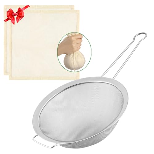 Fine Mesh Strainer with Sturdy Handle, 7.76 Inch Stainless Steel Strainers, Bonus 20x20 Inch Reusable Cotton Cheese Cloths with 4 Hemmed Edges, Sieve Sifter for Straining, Cooking, Baking - size: 7.76" Strainer and Cheesecloth