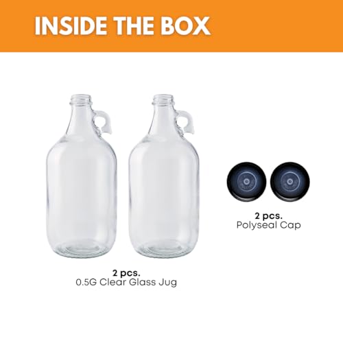 FastRack 0.5 Gallon Clear Glass Jug, Pack of 2 | Food Grade, BPA Free for Fermentation, Storage & Brewing | 64oz Glass Jug for Home Brewing, Kombucha, Wine & Beer