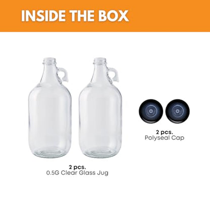 FastRack 0.5 Gallon Clear Glass Jug, Pack of 2 | Food Grade, BPA Free for Fermentation, Storage & Brewing | 64oz Glass Jug for Home Brewing, Kombucha, Wine & Beer