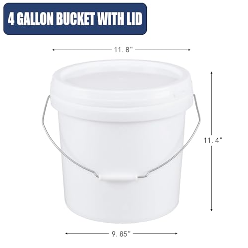 6 Pack 4-Gallon White Bucket with Lid, Food-Grade Bucket Pail | BPA-Free Durable Plastic Pail for Storage and Food Prep, Metal Handle With Plastic Grip, Stackable