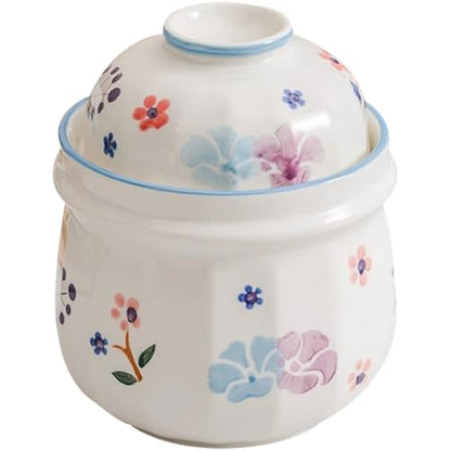 Pastoral Series Modern Pickle Jars, Traditional Water Seal Fermentation Crock, Hand-Painted Kitchen Kimchi Jar, Cherry Blossom/Purple Daylily Pattern(A)