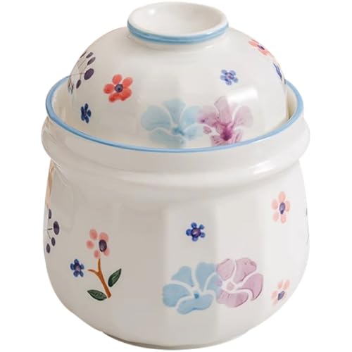 Pastoral Series Modern Pickle Jars, Traditional Water Seal Fermentation Crock, Hand-Painted Kitchen Kimchi Jar, Cherry Blossom/Purple Daylily Pattern(A)