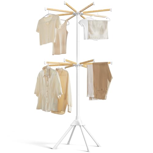 SONGMICS Clothes Drying Rack 2-Tier, with Bamboo Hanging Rods, Foldable Metal Laundry Rack, Space-Saving, Free-Standing Airer, Indoor Use, White and Natural ULLR517W01 - size: 2 Tier