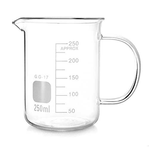 QWORK Beaker with Handle, 250ml/8.45oz, Borosilicate Glass,Measuring Cup, Beaker Mug with Pouring Spout - size: 250 ml