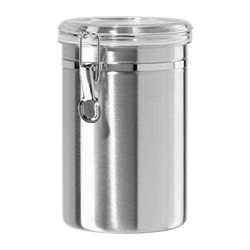 Oggi Stainless Steel Kitchen Canister 62 fl oz - Airtight Clamp Lid, Clear See-Thru Top - Ideal for Kitchen Storage, Food Storage, Pantry Storage. Large Size 5" x 7.5". - color: Stainless Steel, size: 62 Fluid Ounces, style: Airtight Canister