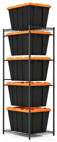 5-Tier Tote Storage Rack for 27 Gallon Bins, Metal Storage Bin Rack Organizer System, Wire Storage Shelving Unit for 18-20.6" Lid Width Totes, 250 lb Capacity, Garage Pantry Basement, Rack Only (1)