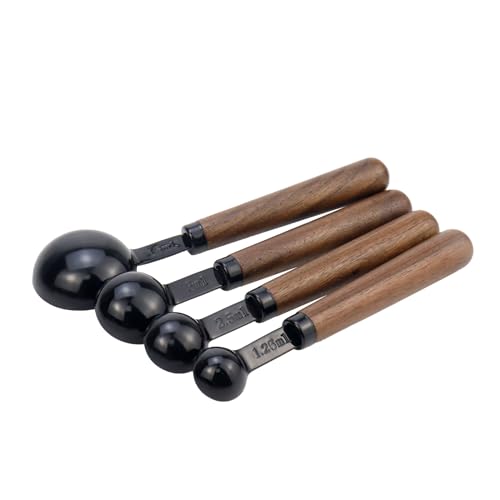 Set of 4 Measuring Spoons Black Measuring Scoops with Wooden Handle Stainless Steel Measuring Spoons Set for Kitchen Flour Spice Seasoning Measurement (15ml+5ml+2.5ml+1.25ml) - size: 1/16+1/48+1/96+1/192 Cup