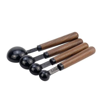 Set of 4 Measuring Spoons Black Measuring Scoops with Wooden Handle Stainless Steel Measuring Spoons Set for Kitchen Flour Spice Seasoning Measurement (15ml+5ml+2.5ml+1.25ml) - size: 1/16+1/48+1/96+1/192 Cup