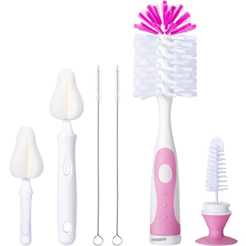 CAREBABYMORE Baby Bottle Brush Set with Nipple Cleaner and Suction, 10.2" Cleaning Brush and 6.5" Sponge Bottle Brush with A Replacement Brush Head and Two 6.7" Straw Brushes, Pack of 5 (Pink) - color: Pink