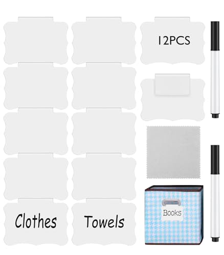 Reusable Erasable Basket Label Clips - 12 White PVC Basket Clip Tags with 2 Black Chalk Pens | Commercial-Grade Reusable Bin Labels for Warehouse/Home Organization - style: Butterfly Shape 12 (White)