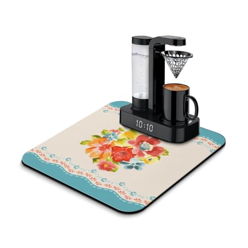 Washable Non-Slip Pioneer Flower Dish Drying Mats,Super Absorbent Quick Drying Mat For Kitchen Counter Home Large Coffee Bar Pad Accessories And Decor 23.5''x15.5'' (Deep Blue Red Flower, 23.5*15.5) - color: Deep Blue Red Flower, size: 23.5" x 23.5"