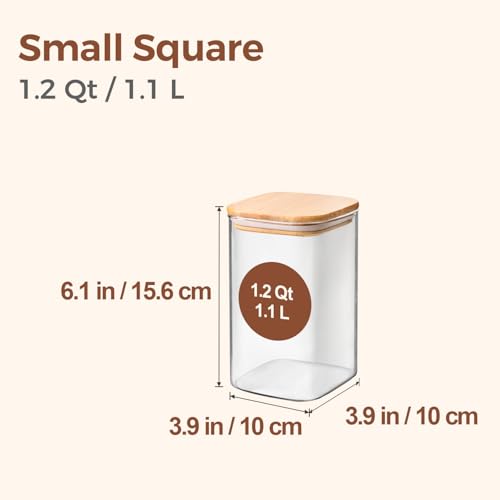 ComSaf 1.2 QT Glass Storage Containers with Lids, Glass Jars with Lids, Clear Food Jar, Square Canister Set of 6, Pantry Organizers and Storage for Cookie Flour Oat Pasta Tea Coffee Bean - size: 1.2Qt*6